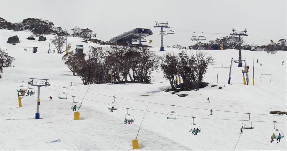 Panorama of cable cars and people skiing on a snowcovered mountain