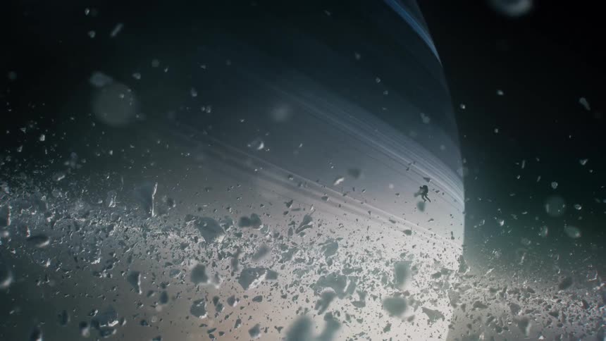 An astronaut surfing the rings of Saturn