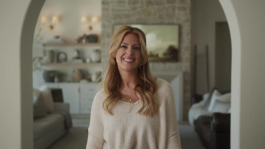 A woman standing in her home looks up smiling