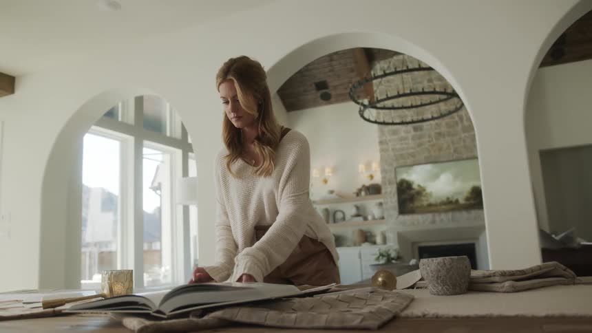 A woman sorts papers on a table as she looks at a large open book