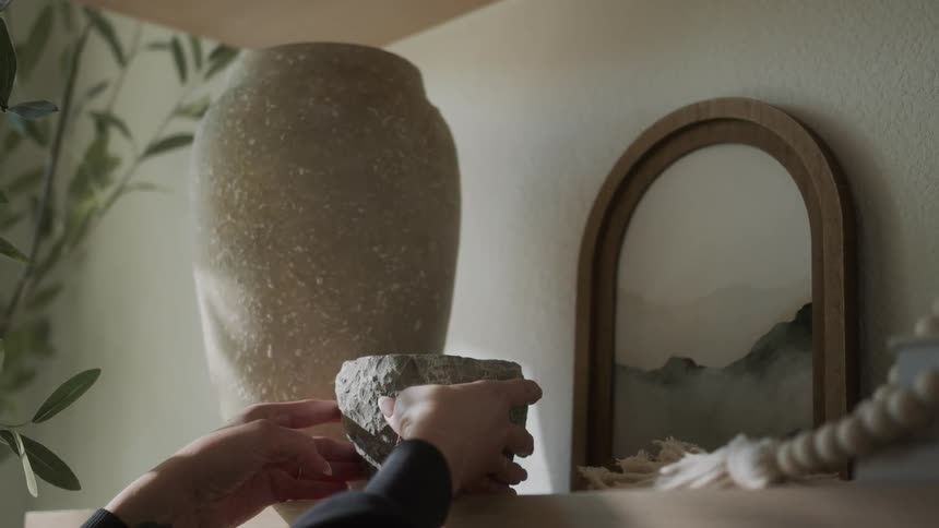 A person arranges a small stone bowl on a wooden shelf