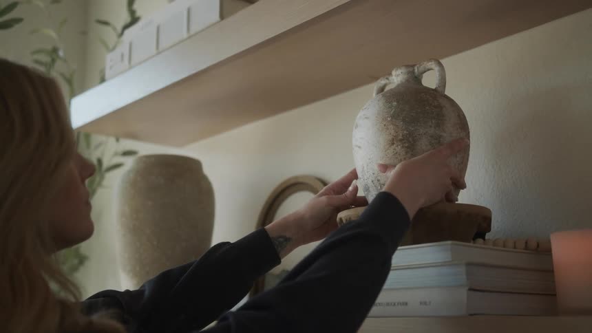 A woman sets a vase on a stack of books