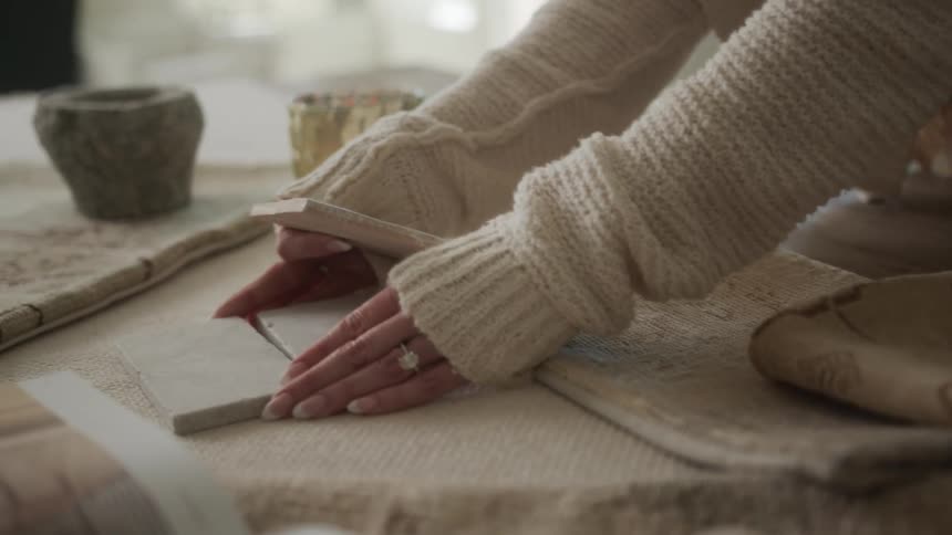 A woman puts tiles on the table