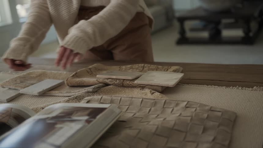 Female designer consults book while matching tiles and textiles