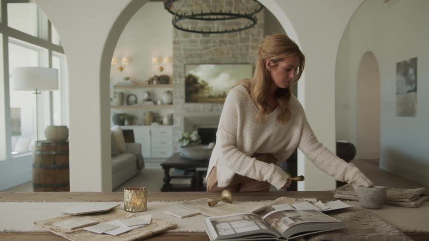 A woman setting up items on a table with the help of a book