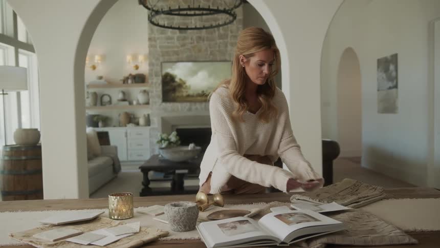 A woman organizes objects and then studies them