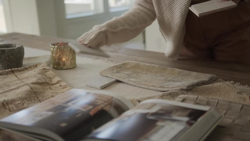 A woman places tiles and carpeting on a table