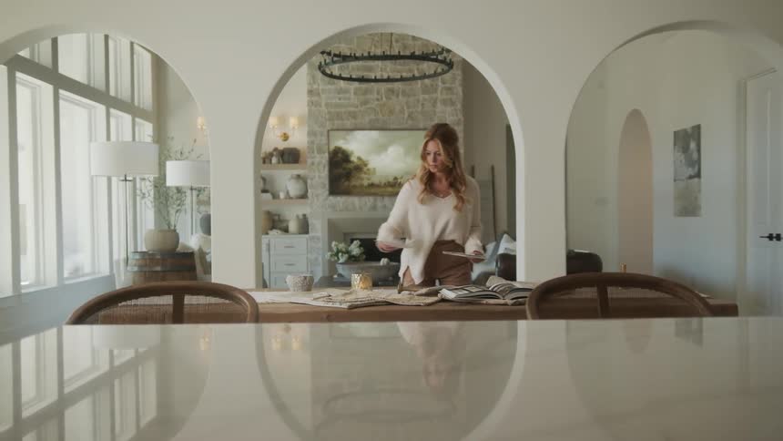 Woman arranges textiles and tiles while designing at table in home