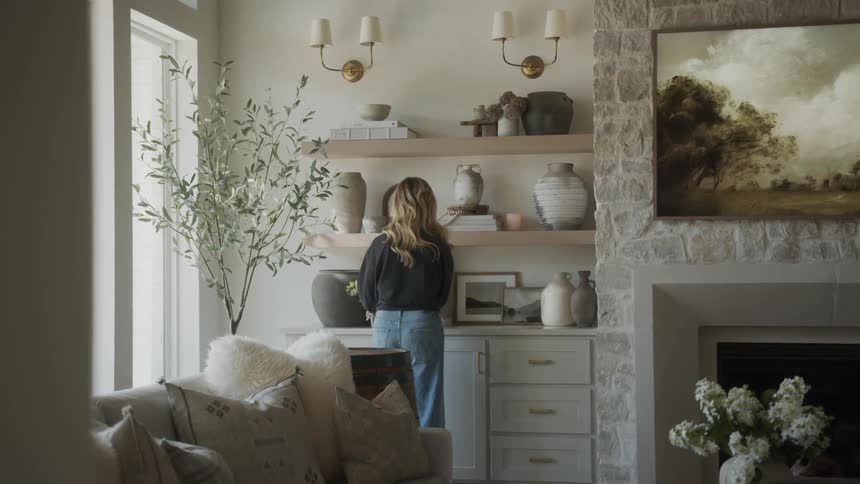 Woman in the living room arranging her decorative ceramic vases on a shelf next to a fireplace