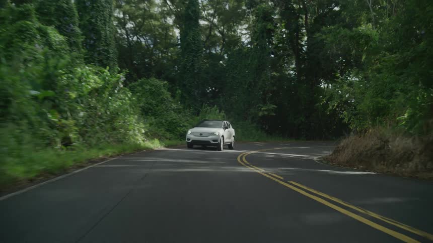 Pearl white suv vehicle on a road surrounded by vegetation