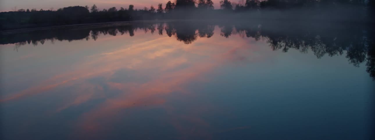 A still river surrounded by trees in dawn