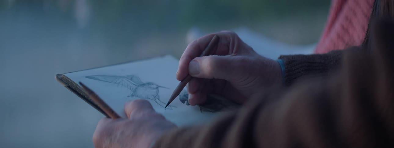 Old hands sketching a bird on a paper pad