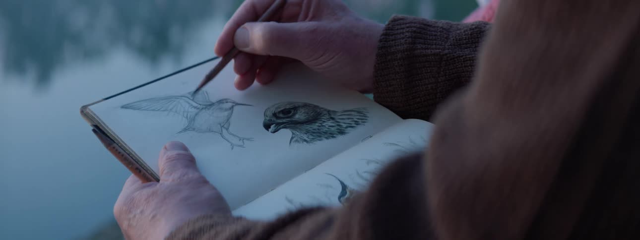 Old hands sketching a bird on a note pad