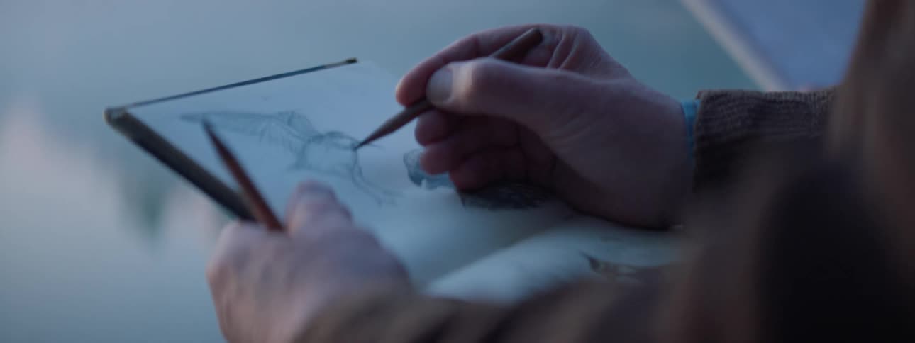 A man draws a picture of a bird