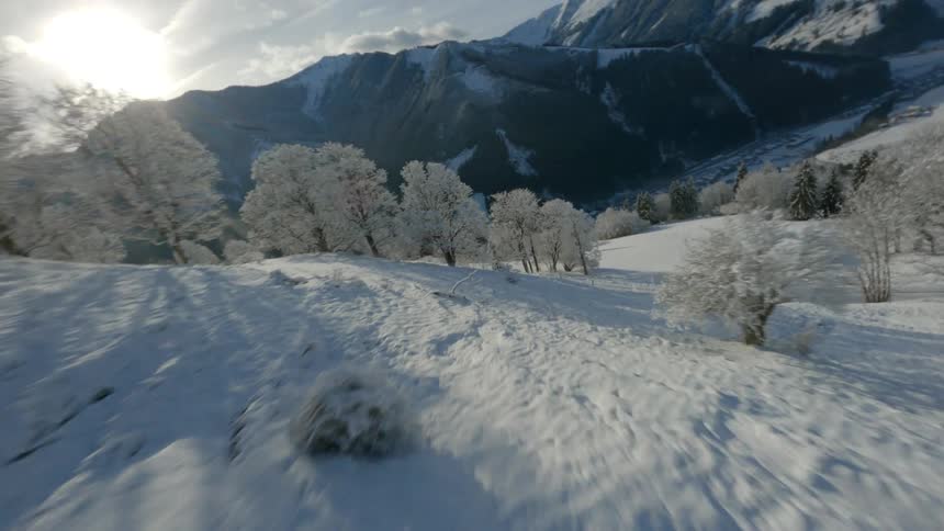 Sun glares from over mountains onto frost encrusted trees near road through snowy terrain