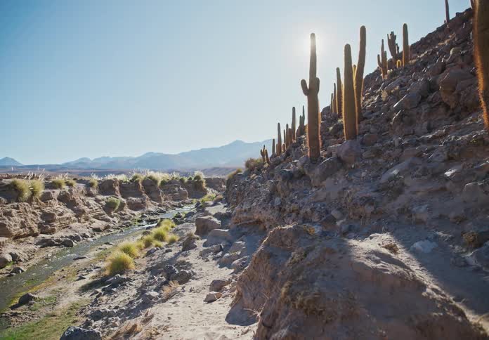 A small river between rocky mountains in the desert during the day