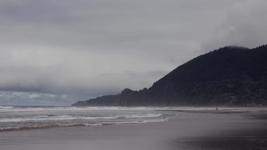 A beach with small waves going to the coast and ends at a mountain with several trees and many clouds in the sky