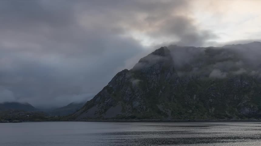 Natural landscape of a lake with mountain ranges around on a cloudy day