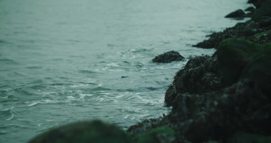 Calm sea waters hitting black rocks with silt
