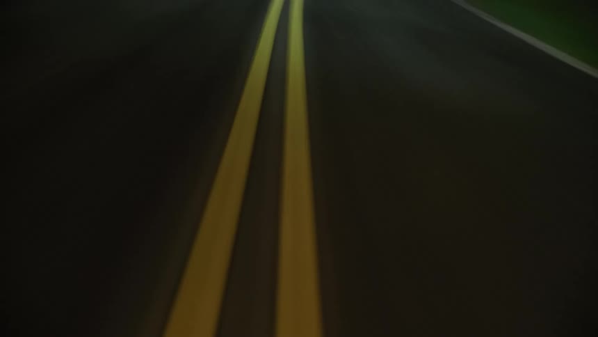 Point of view of a two lane road at night with greenery around at speed
