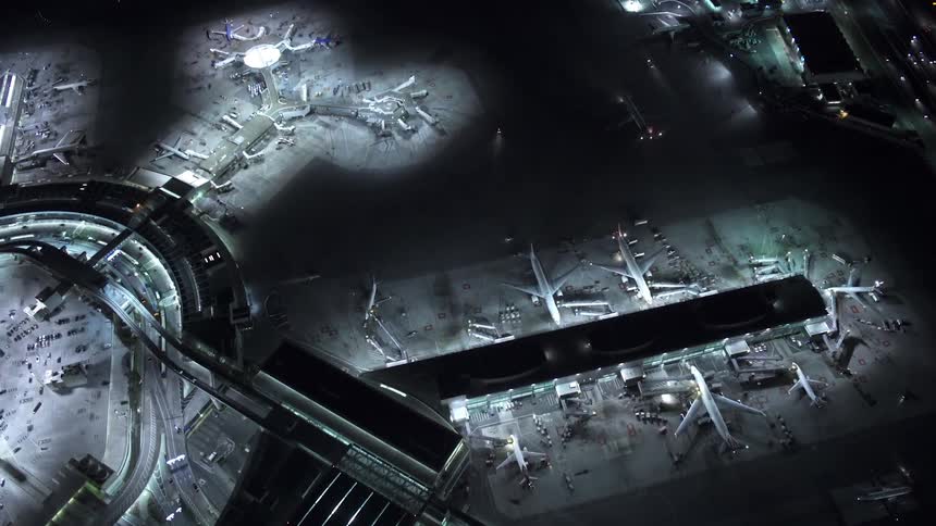 Aerial view of an airport at night