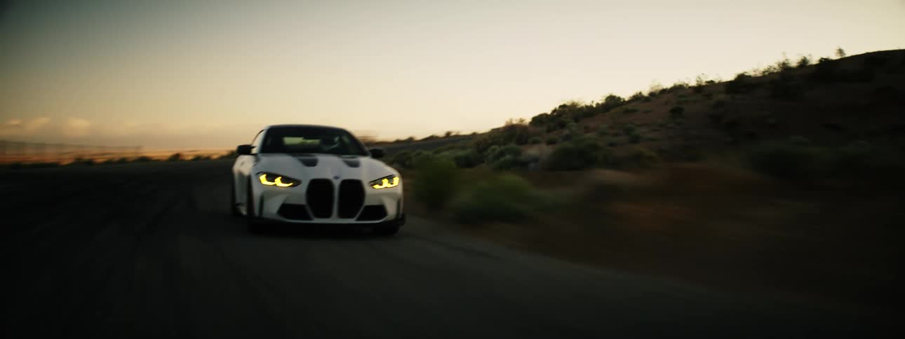 White bmw coup at high speed along a road next to vegetation in the late afternoon