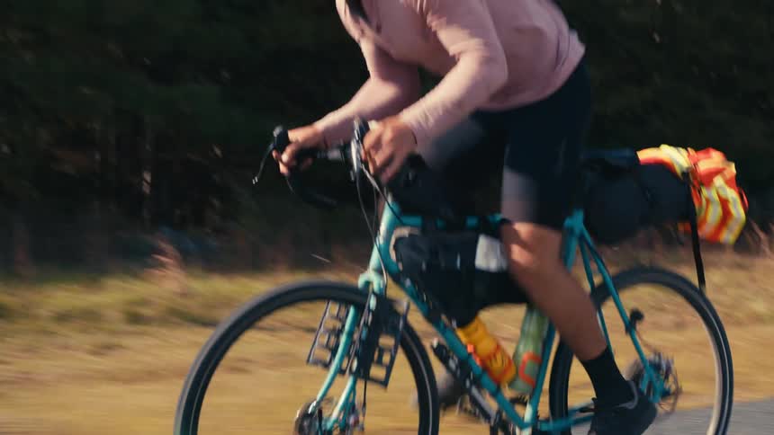 A cyclist on a road adjacent to a forest