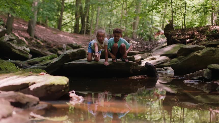 Two children point to the pond below the rocks