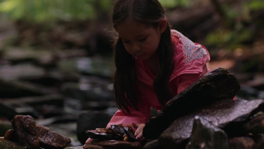 A young girl gathering rocks and leaves from a forest floor