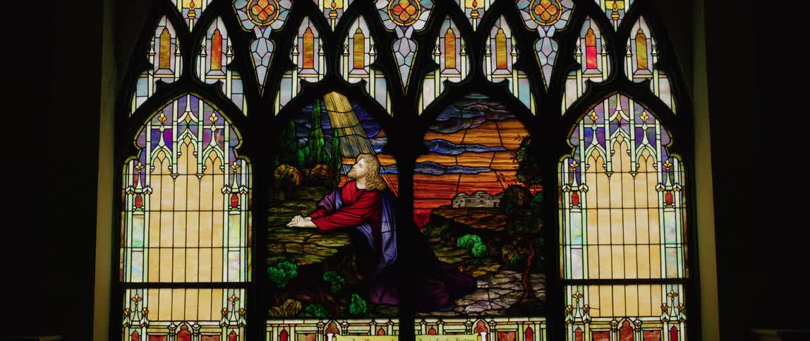 A stained glass window in a church