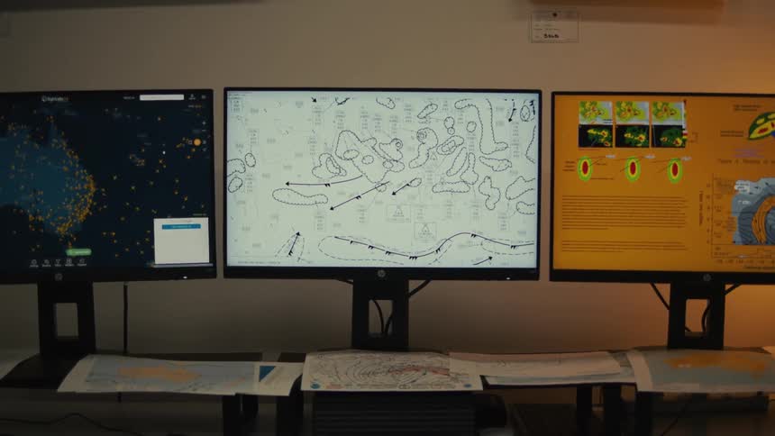 Three computer monitors on a desk