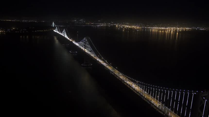 Aerial view of a bridge at night