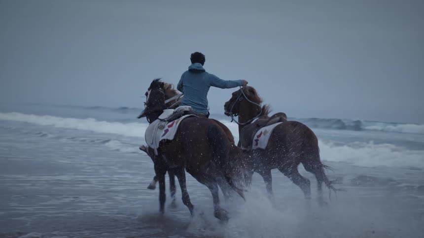 A person rides a horse along the coast with waves in the background
