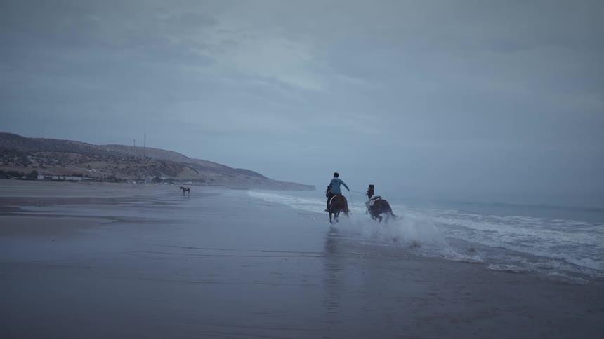 Man on a running horse keeps another horse running next to them with a rein as they travel near the ocean toward the mountain