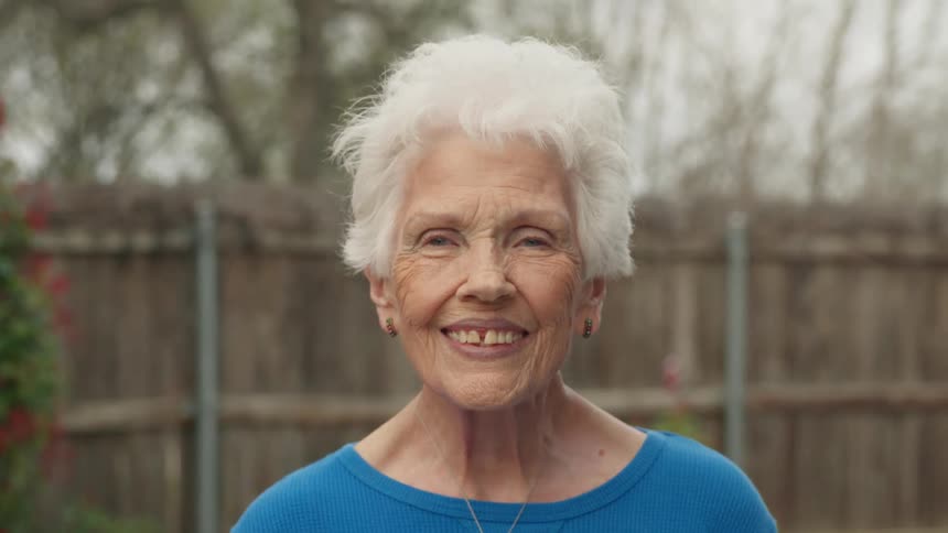 Portrait of an elderly lady giving a smile while standing in the backyard