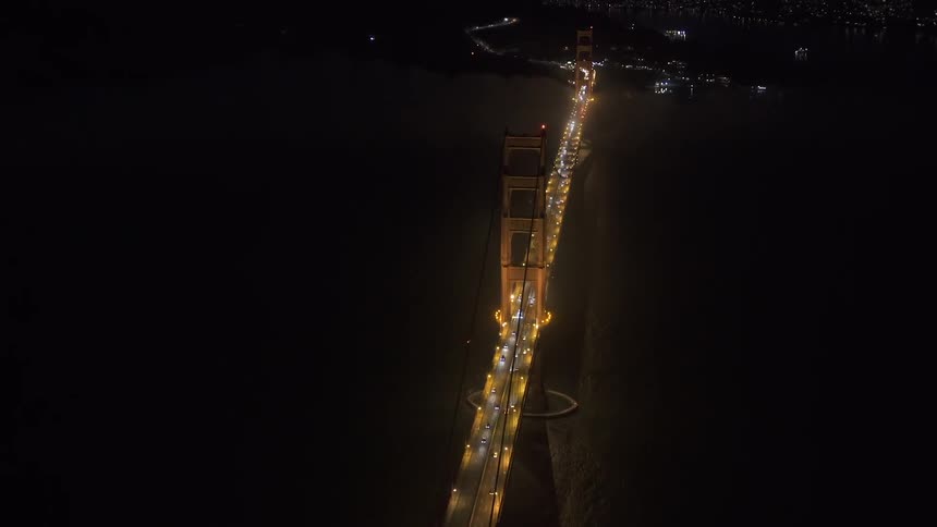 Aerial view of a bridge at night