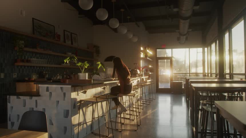 A woman sits down at a restaurant bar with no one else there and opens her laptop