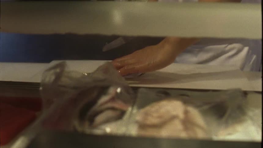 A fishmonger uses a knife to cut and prepare a fish while its still moving