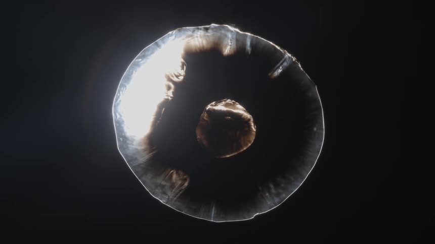 Mixture expands against darkness to form bright sphere with brown and tan inclusions before collapsing again