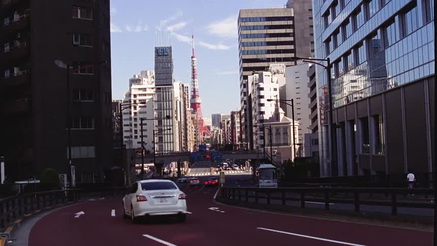 Panorama of a twoway street with vehicle traffic in a metropolis with mirrored buildings around it during the day