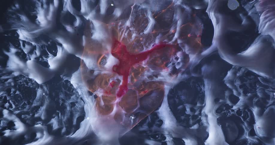 Spongy fluid with a whitish color in abstract movement with a reddish core