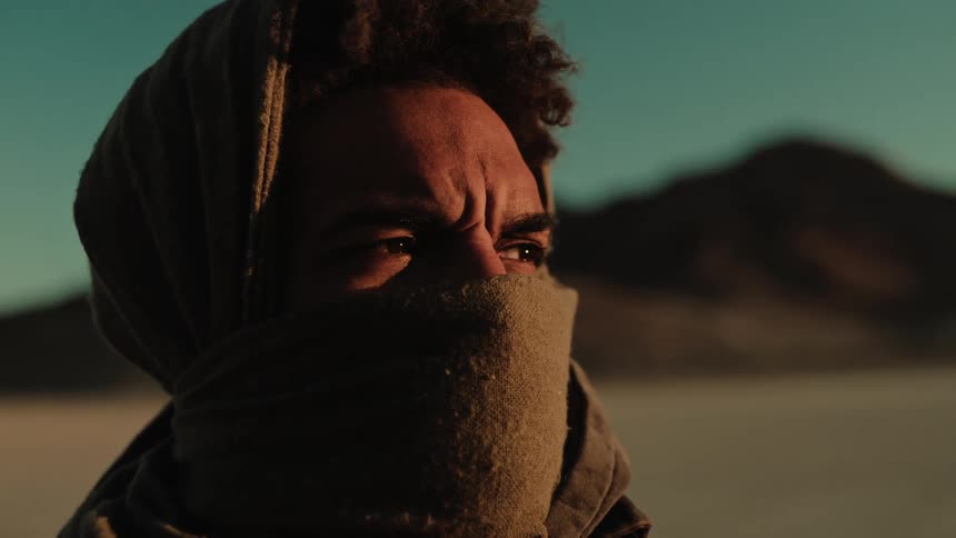A man in a desert looks into the distance