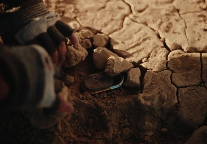 Closeup of a mans hands finding a metallic object under dry desert soil