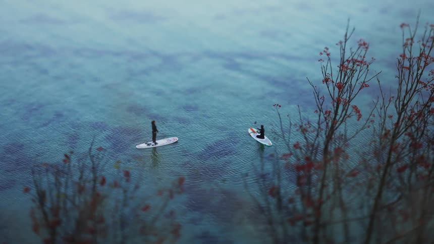 Two surfers paddling on top of their boards in a calm ocean
