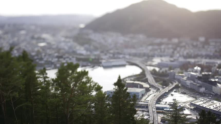 A view of a region of a city with a huge highway with many cars passing by and on the left side a large number of green trees