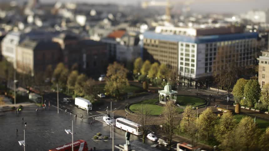 Tilt shift effect footage of traffic on a city street