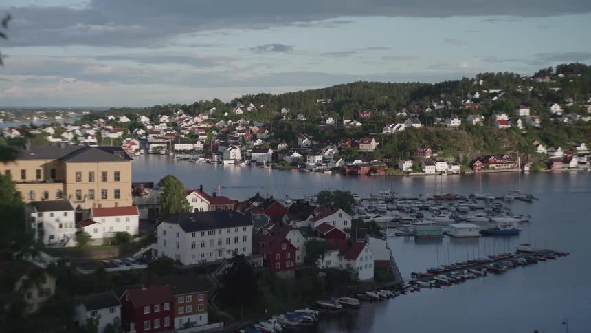 Boats line dock and fill marina near apartment buildings across the water from forested hills