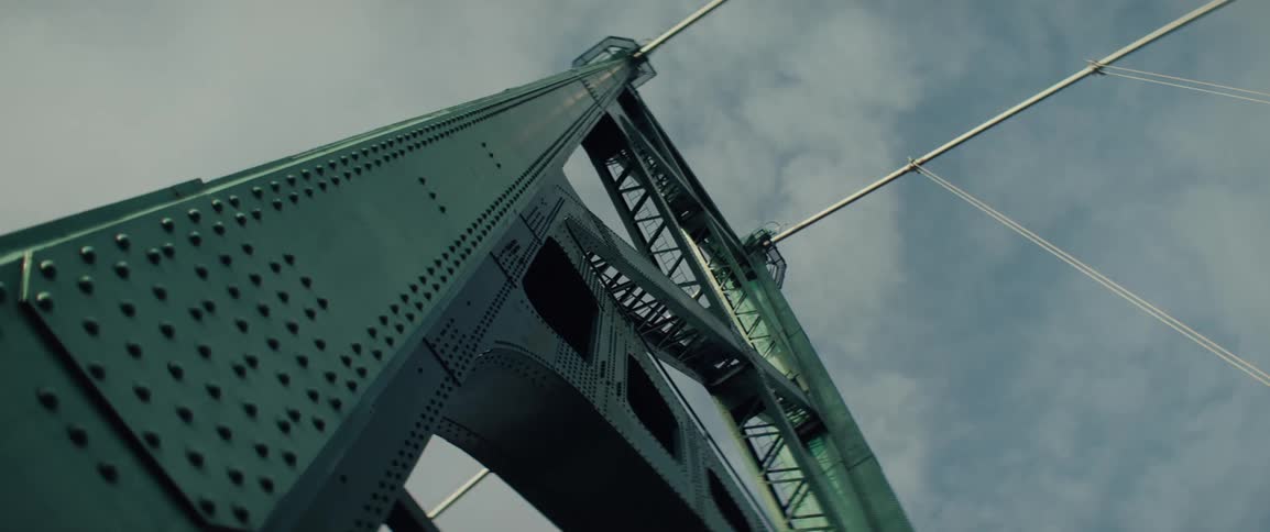 One of the towers on the Lion's Gate Suspension Bridge seen from below