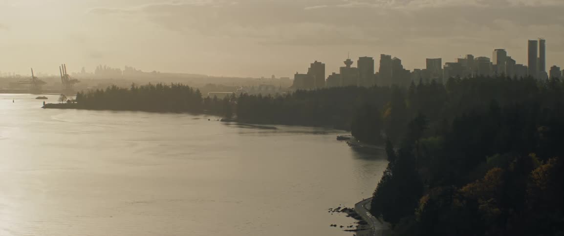 Seascape at the edge of a park with downtown Vancouver's silhouette seen in the distance