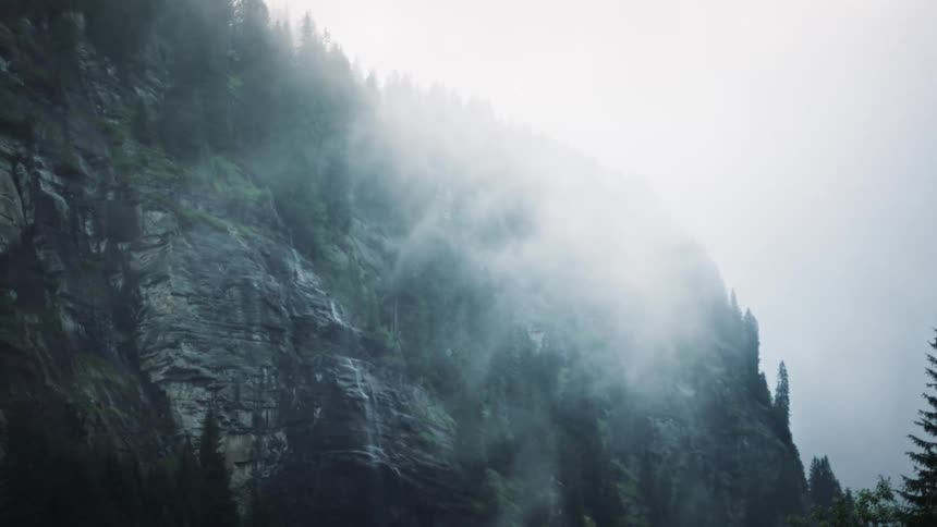 Landscape of a rocky mountain with forests and on a foggy day